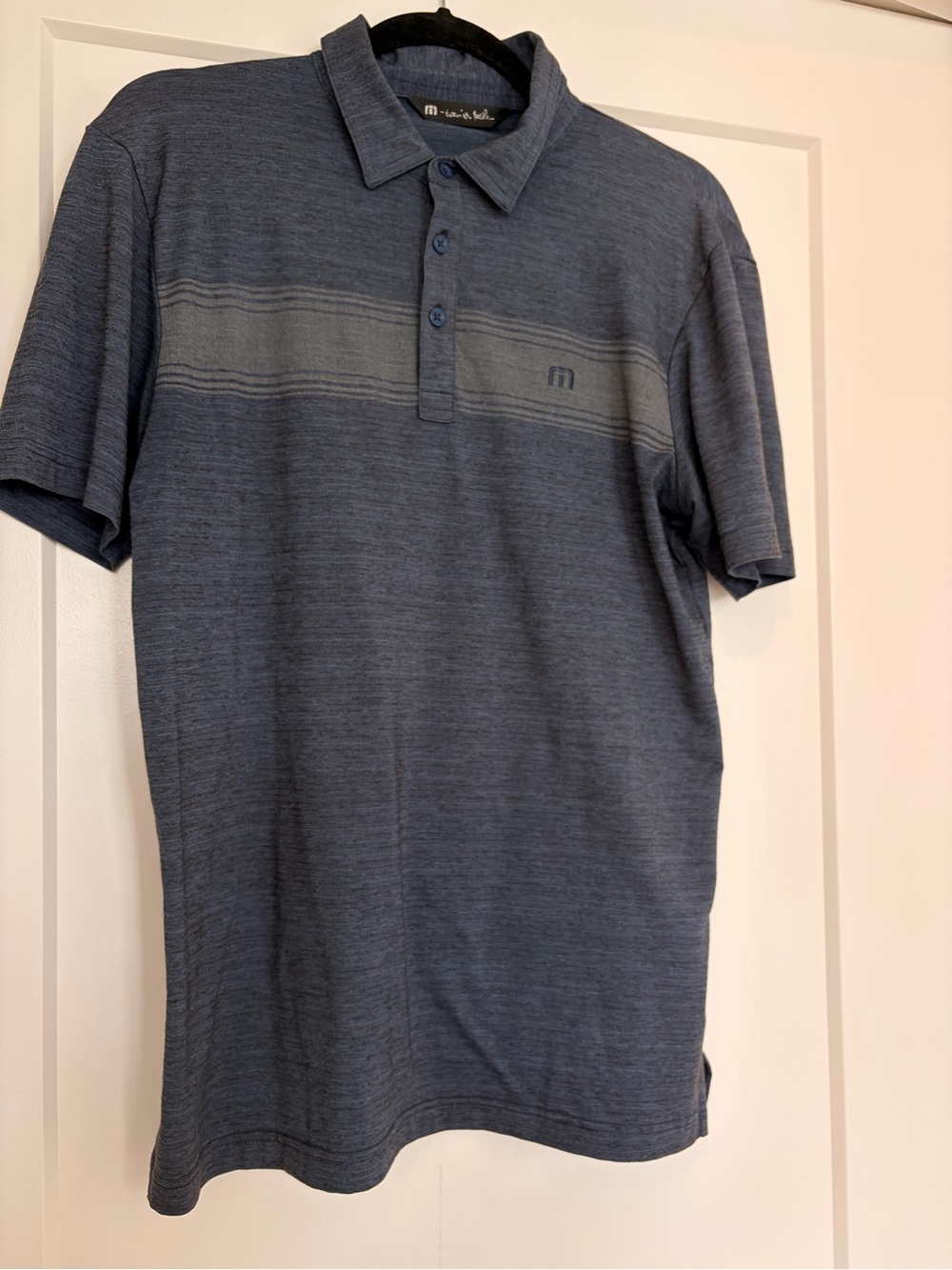 Travis Mathew Men's Slate Blue Heather Polo with Chest Stripe